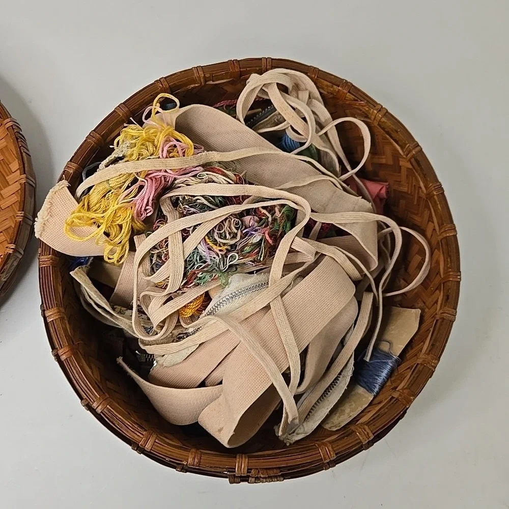 Antique Asian Chinese Primitive Lidded Sewing Basket‎  10 Inch (FULL OF GOODIES)